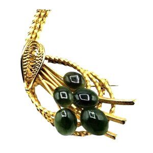 Nephrite Jade Brooch Gold Tone Filigree‎ Setting Vintage Costume Jewelry
